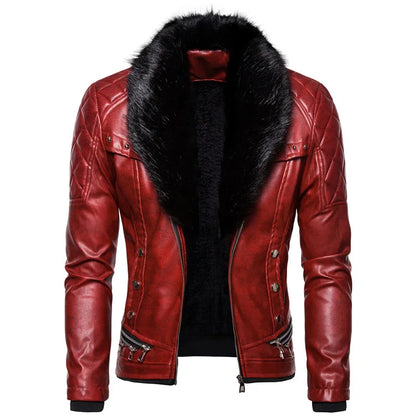 Winter Fleece Motorcycle Leather Jacket Men Turn Down Fur Collar Slim Fit Warm PU Bomber Jacket