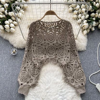 Casual Loose Knitting Top O Neck Hook Flower Hollow Long Sleeved Tassel Design Fashion French Vintage Blouse