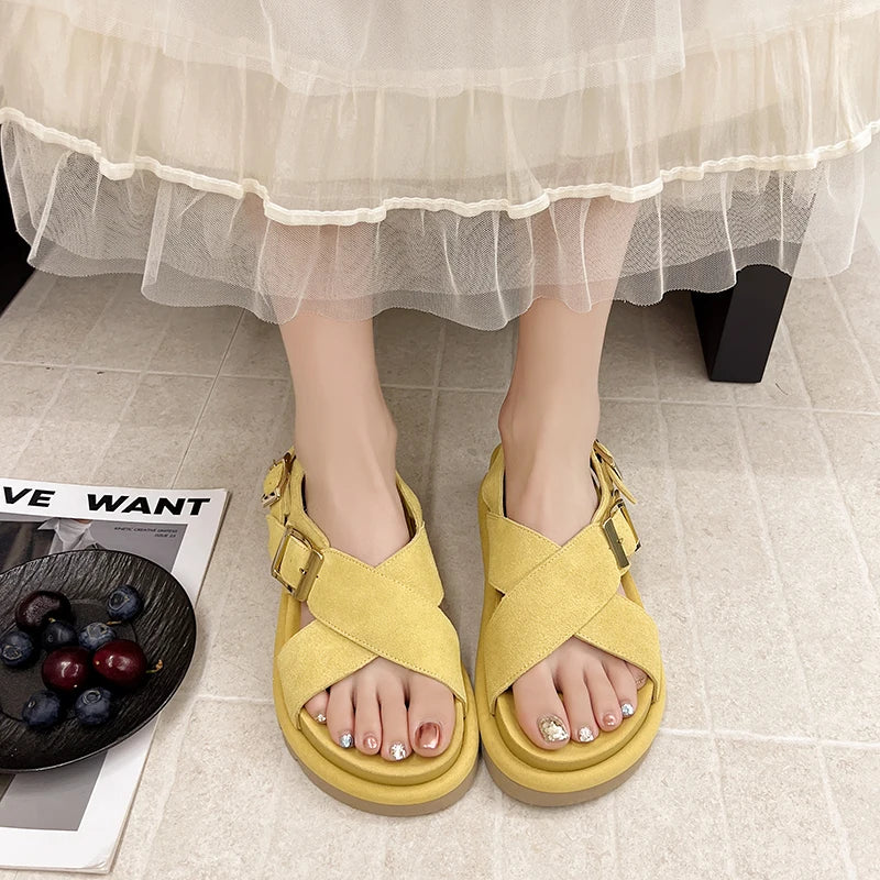 Genuine Leather Cross Strap Roman Sandals Casual Comfortable Women's Platform