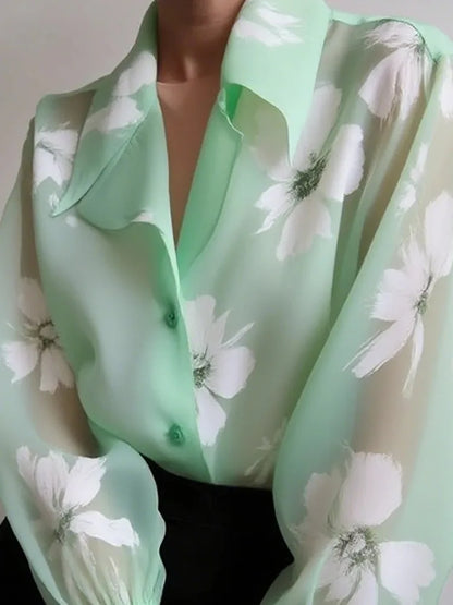 Urban Female Elegant Floral Printed See-Through Lapel Blouse Flared Sleeves Loose Casual Office Party