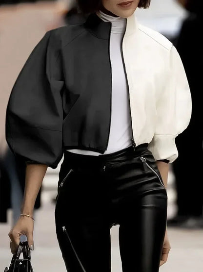 Female Stylish Stand Collar Zipper Jackets Loose Puff Sleeves Contrast Color Casual Fashion Outerwears 2025 New