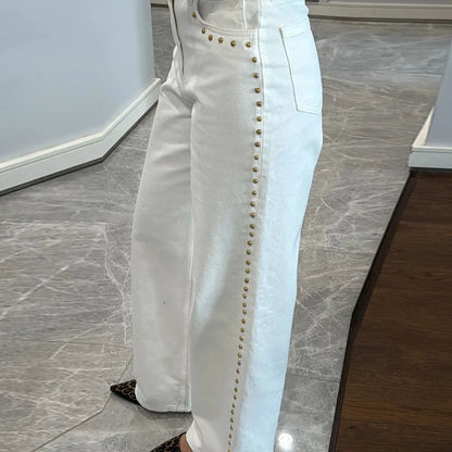 Metal Rivet Wide Leg Jeans Trousers Baggy Low Rise Pockets Denim