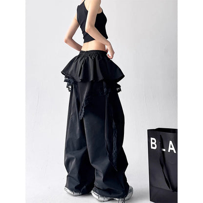 Y2K Black Cargo Pants Women Lace Patchwork White Wide Leg Pants