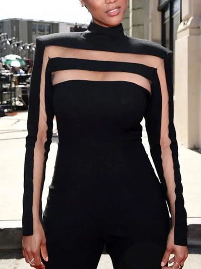 Mesh Split-Joint High Neck T-Shirt Long Sleeves Solid Color Skinny Tops For Women