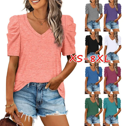 Women's Casual Summer Top Puff Short Sleeve Tee Shirt Cotton Pullover Blouse V-neck Solid Color Loose