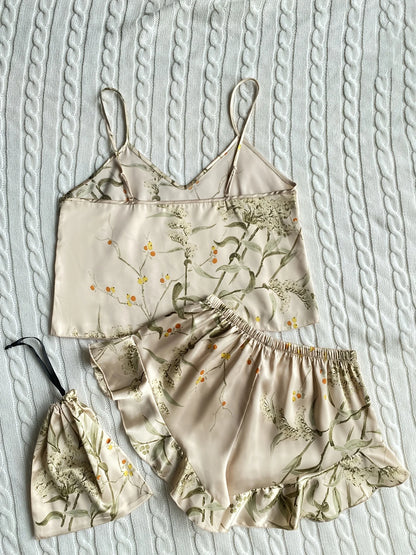Elegant Floral Print Cami Tops   Ruffle Hem Shorts Pajama Set  Women's Sleepwear
