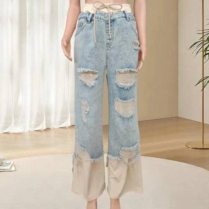 Women's Large Hole Patchwork Jeans High Waist Wide Legs Casual Bottoms Denim