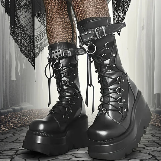 Brand New Ladies Goth Platform Boots Rivet Buckle Punk Wedges High Heels women's Boots Cosplay