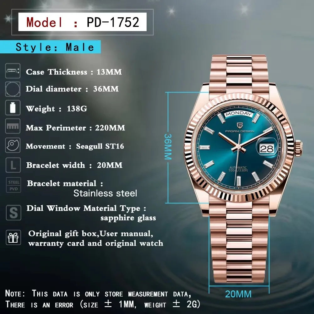 Rose Gold Luxury Automatic Watch For Men Mechanical Wristwatches Sapphire Mirror Clock Gift Man