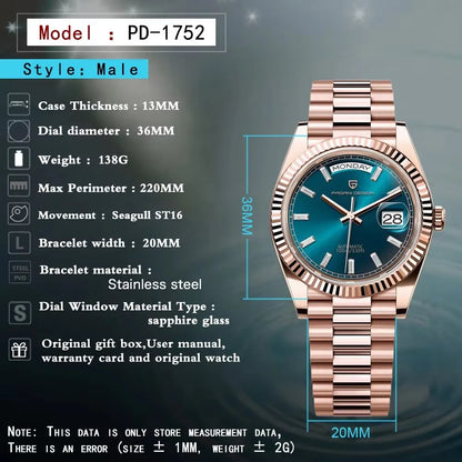 Rose Gold Luxury Automatic Watch For Men Mechanical Wristwatches Sapphire Mirror Clock Gift Man