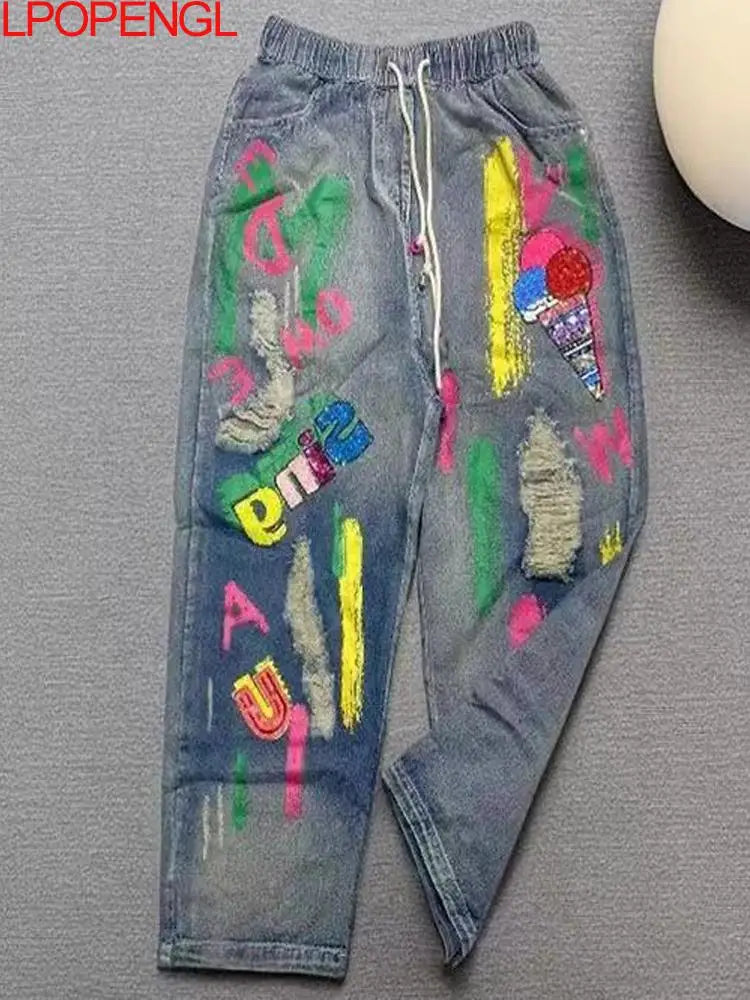 Sequin Letter Elastic Waist Jeans High Waist Denim Graffiti Print Harem Pants as photo / M as photo / L as photo / XL as photo / M-as photo / L-as photo / XL-