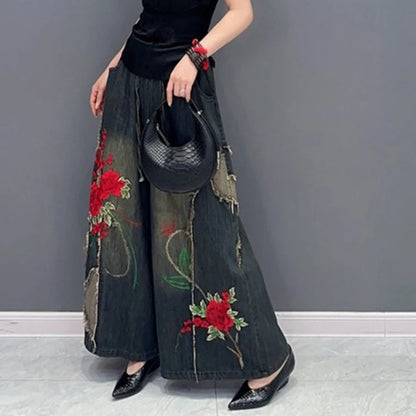 Women's Straight Jeans High-waist Ethnic Style Embroidered Drawstring Oversized Denim Wide-leg Pants