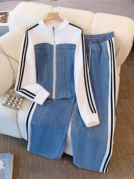 Women Preppy Style Patchwork Contrast Denim Sets Stand Collar Elastic Jeans 2 Piece Suit Streetwear Comfort
