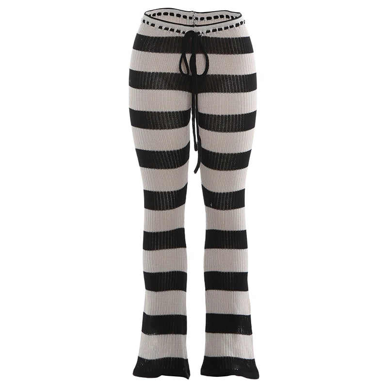 Kliou Stripe Patchwork Long Pants Woman Autumn Trend Crochet Shirring Elastic High Waist Skinny Peach Hip Street Style Bottoms