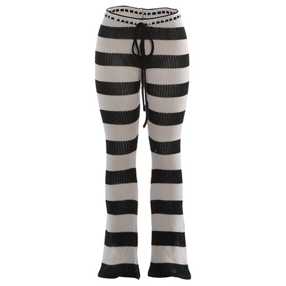 Kliou Stripe Patchwork Long Pants Woman Autumn Trend Crochet Shirring Elastic High Waist Skinny Peach Hip Street Style Bottoms