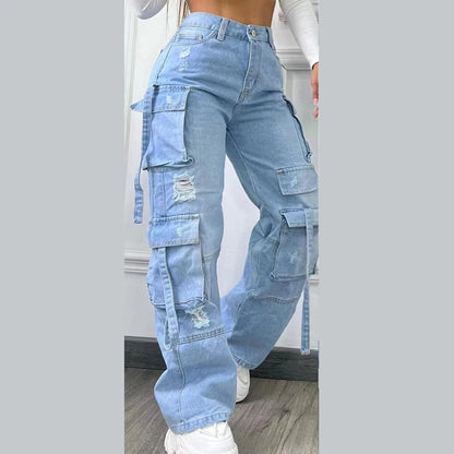 High Waist Cargo Denim Jeans With Full Rhinestones Sparkling Casual Baggy Pants Streetwear Chic Daily Trousers