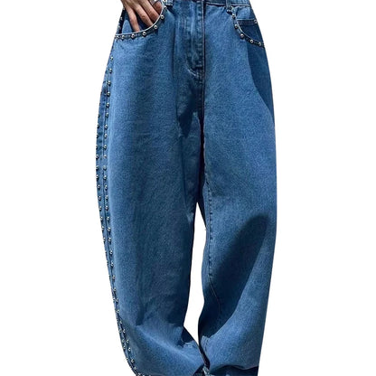 Metal Rivet Wide Leg Jeans Trousers Baggy Low Rise Pockets Denim