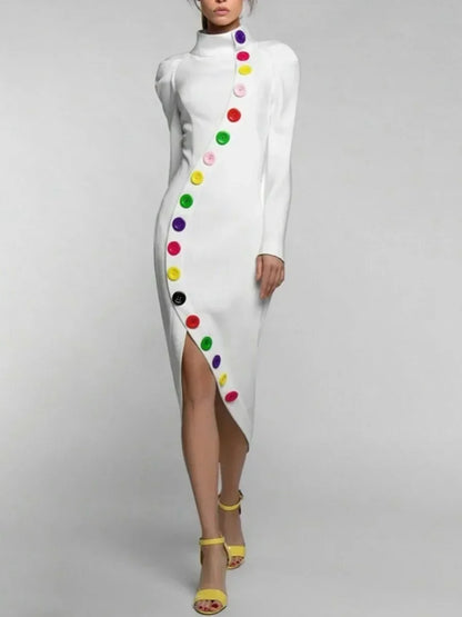 UOOZEE 2025 New Autumn X-shape High-Neck Party Dress Colorful Buttoned Long Sleeves Slim Urban Elegant Evening Midi Dresses WHITE / M WHITE / L WHITE / XL WHITE / M-WHITE / L-WHITE / XL-WHITE / XXL-WHITE / S-