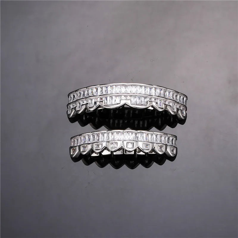 Baguette Teeth Grillz Set For Unisex Top Bottom Iced Out Cubic Zircon Stone Brass Material Hip Hop