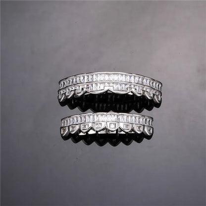 Baguette Teeth Grillz Set For Unisex Top Bottom Iced Out Cubic Zircon Stone Brass Material Hip Hop