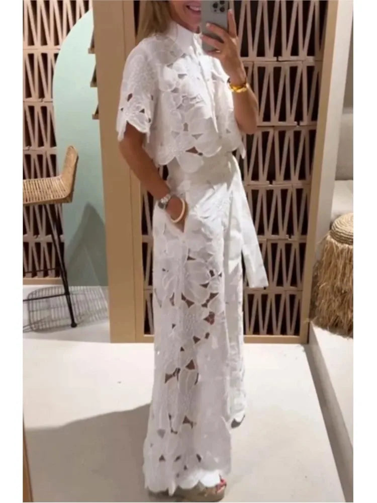 Lapel Single-breasted Shirt Top + Wide-leg Pants 2-piece Set Women Casual Hollow Suit