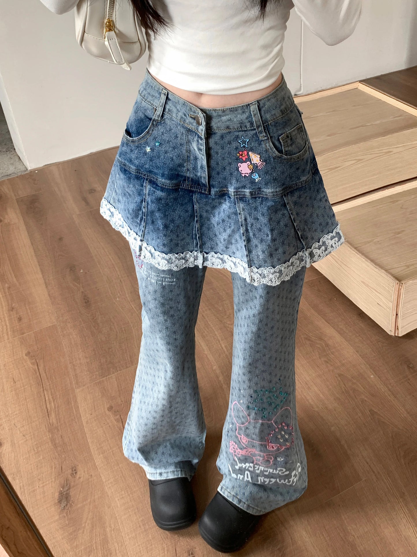Women's Blue Graffiti Splicing Jeans Cargo Baggy Y2K American Harajuku Streetwear 2000S Style 90s Retro Jeans Pants Clothing