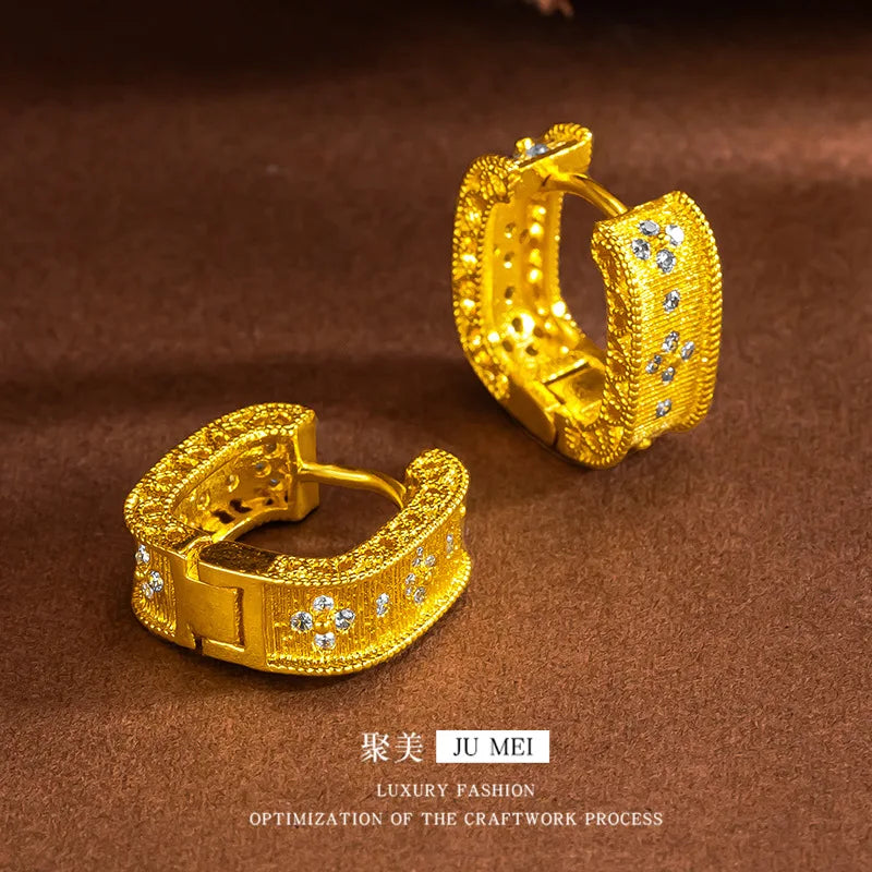 Oumei temperament 999924K gold brushed for women geometric hollow design square zircon  autumn and winter high-end earrings