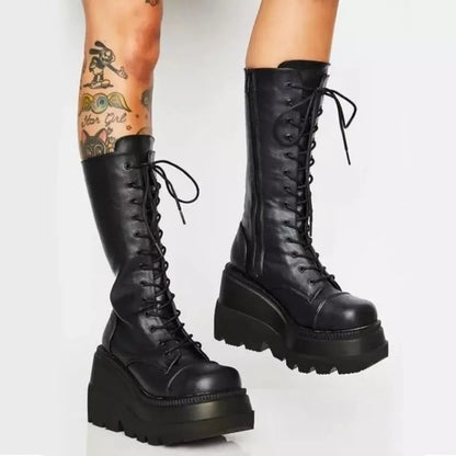 Wedge-heeled Mid-tube Boots Ladies Gothic Style Thick-soled Motorcycle Boots