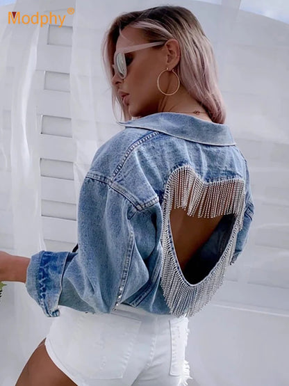 Denim Jacket Female Light Blue Diamond Tassel Coat Single-Breasted Open Back Women Jeans Coat