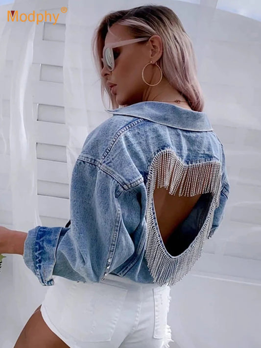 Denim Jacket Female Light Blue Diamond Tassel Coat Single-Breasted Open Back Women Jeans Coat