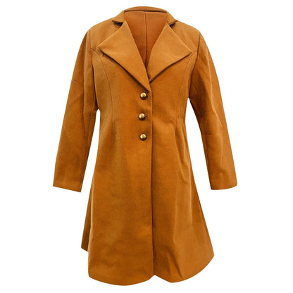 Womens Lapel Trench Coat Winter Wool Blend Mid Long Outwear Fleece Jacket Solid Color Elegant
