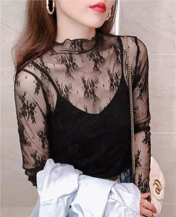 Hollow Out Mesh T-Shirt Transparent Mesh female Tops Long sleeve Basic Shirts SeeThrough Turtleneck