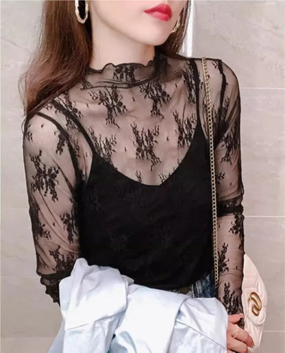 Hollow Out Mesh T-Shirt Transparent Mesh female Tops Long sleeve Basic Shirts SeeThrough Turtleneck