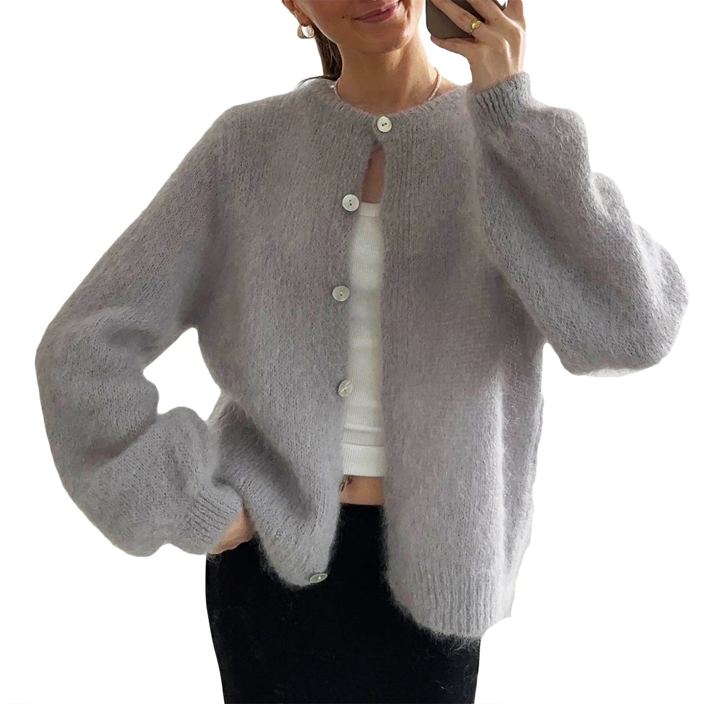 Ladies V-Neck Button Up Cardigan Cozy Lightweight Knit Sweater with Pockets