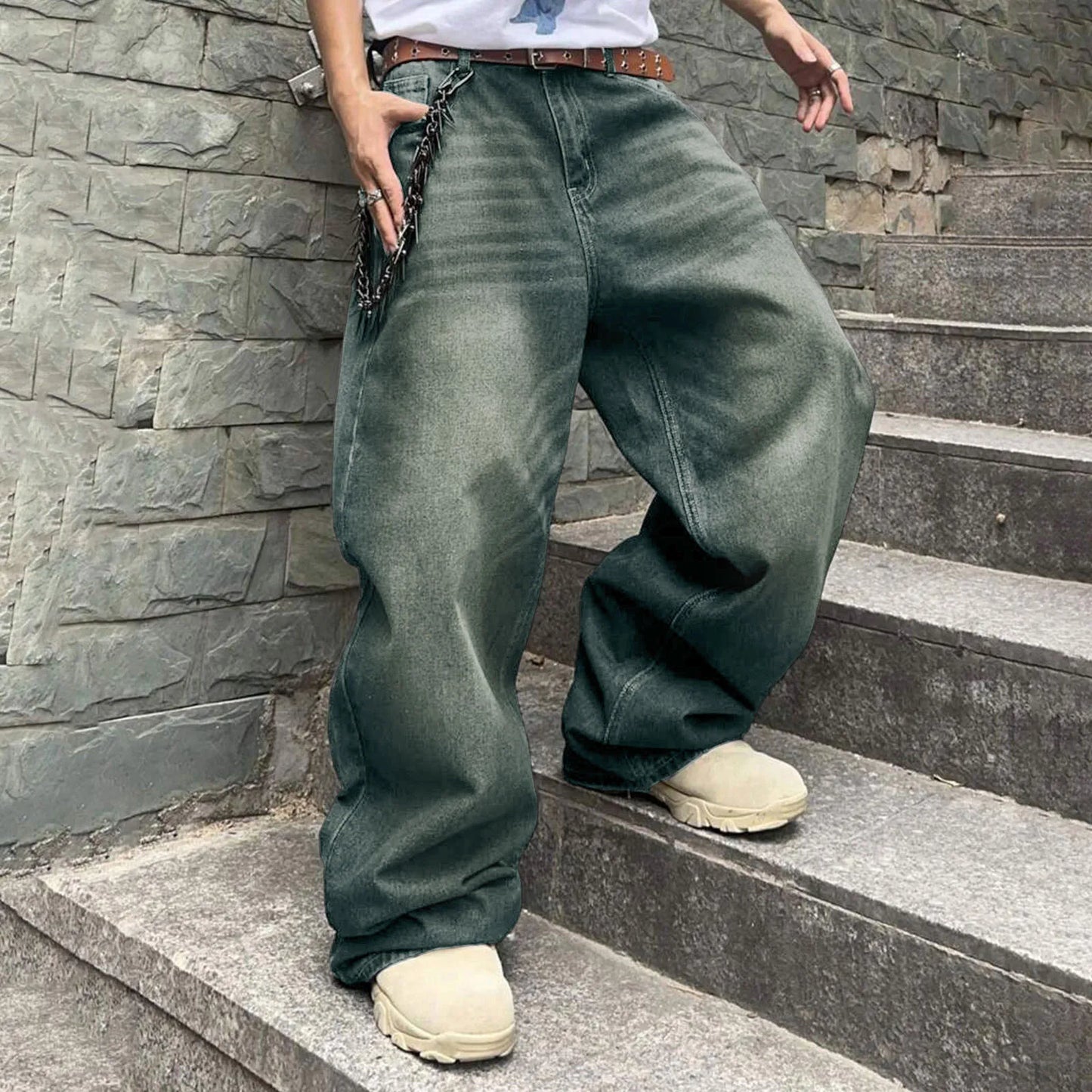 Men'S Baggy Hip Hop Jeans Wide Leg Skater Denim Pants Casual Loose Fit Long Trousers