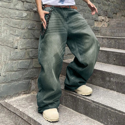 Men'S Baggy Hip Hop Jeans Wide Leg Skater Denim Pants Casual Loose Fit Long Trousers