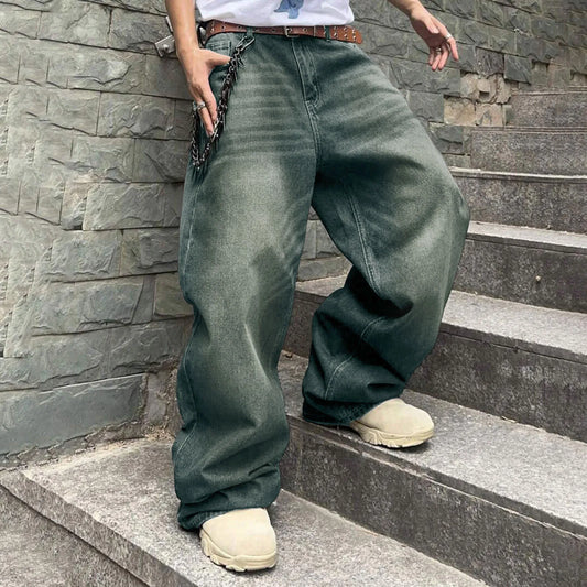 Men'S Baggy Hip Hop Jeans Wide Leg Skater Denim Pants Casual Loose Fit Long Trousers