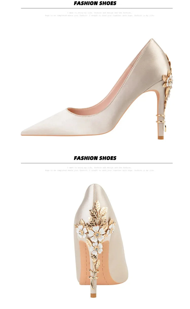 Women's Metal Flowers Stiletto High-heel Shoes Female  Light Luxury Wedding Shoes Pointed Toe
