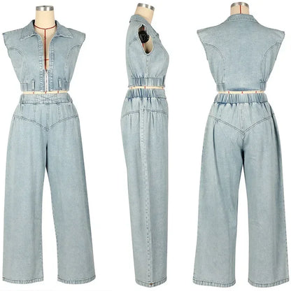 Denim Sets Women 2 Piece Outfit 2025 Jeans Zipper Turn-down Collar Cropped Top and Loose Wide Leg Pants