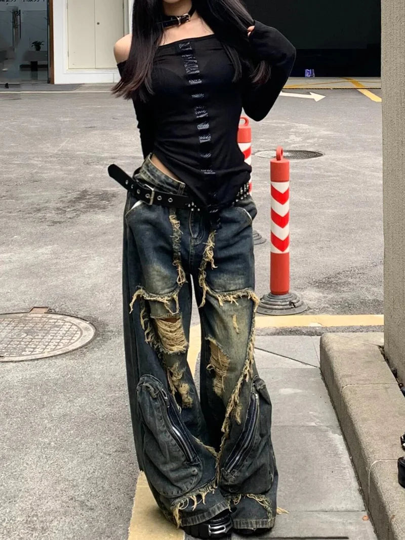 Women's Blue Cargo Ripped Pants Baggy Streetwear Aesthetic Harajuku Japanese 2000s Style Y2k Emo Pants Vintage Trousers Clothes