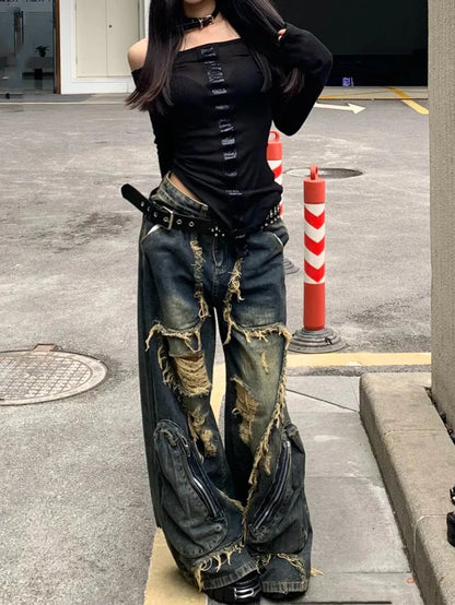 Women's Blue Cargo Ripped Pants Baggy Streetwear Aesthetic Harajuku Japanese 2000s Style Y2k Emo Pants Vintage Trousers Clothes