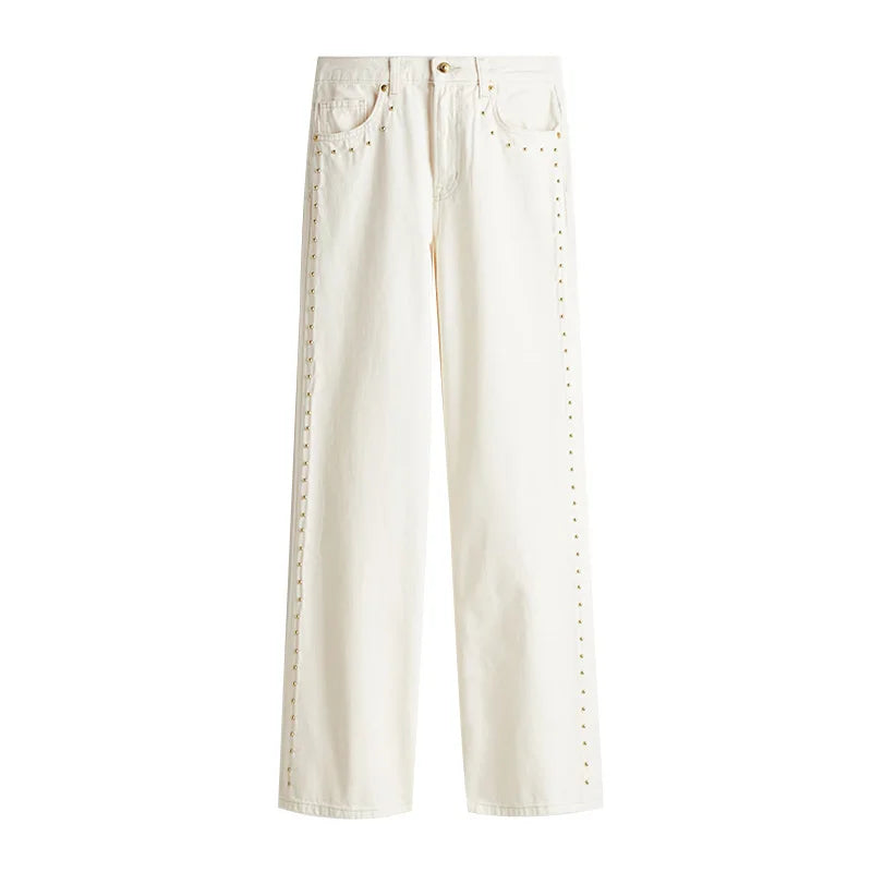 Metal Rivet Wide Leg Jeans Trousers Baggy Low Rise Pockets Denim