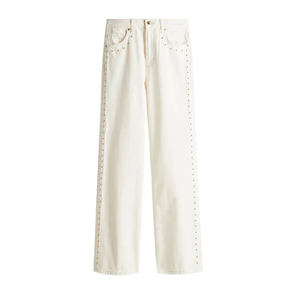 Metal Rivet Wide Leg Jeans Trousers Baggy Low Rise Pockets Denim