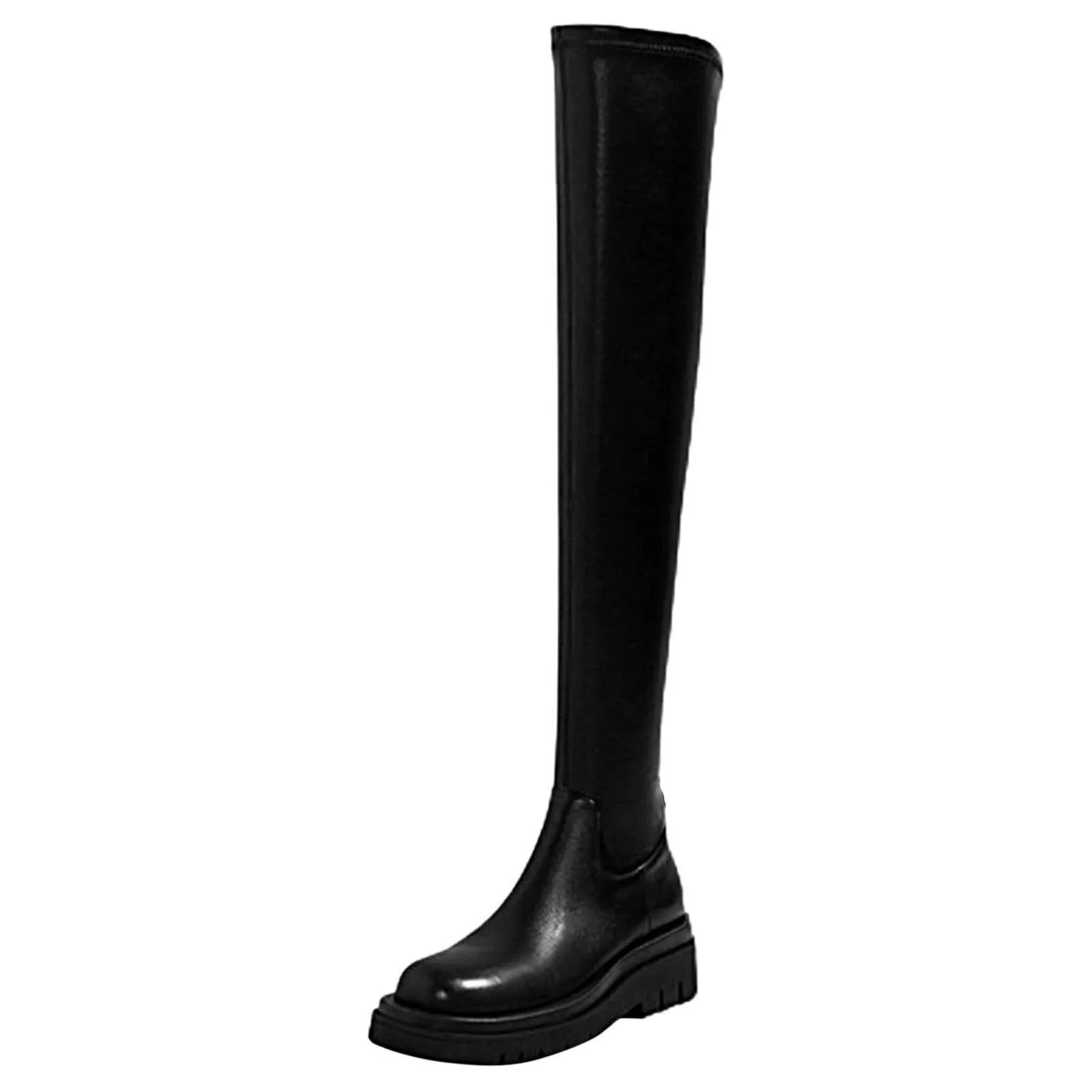 Over The Knee Sock Boots For Women Thick Soled Plain Color Boots Over Knee Fashion Round Toe