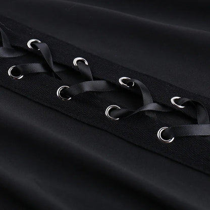 Dark Black Punk Flared Pants Long Trouser Women Lace Up Front Hollow Cut Out Bell Bottom Tied Up High Waist