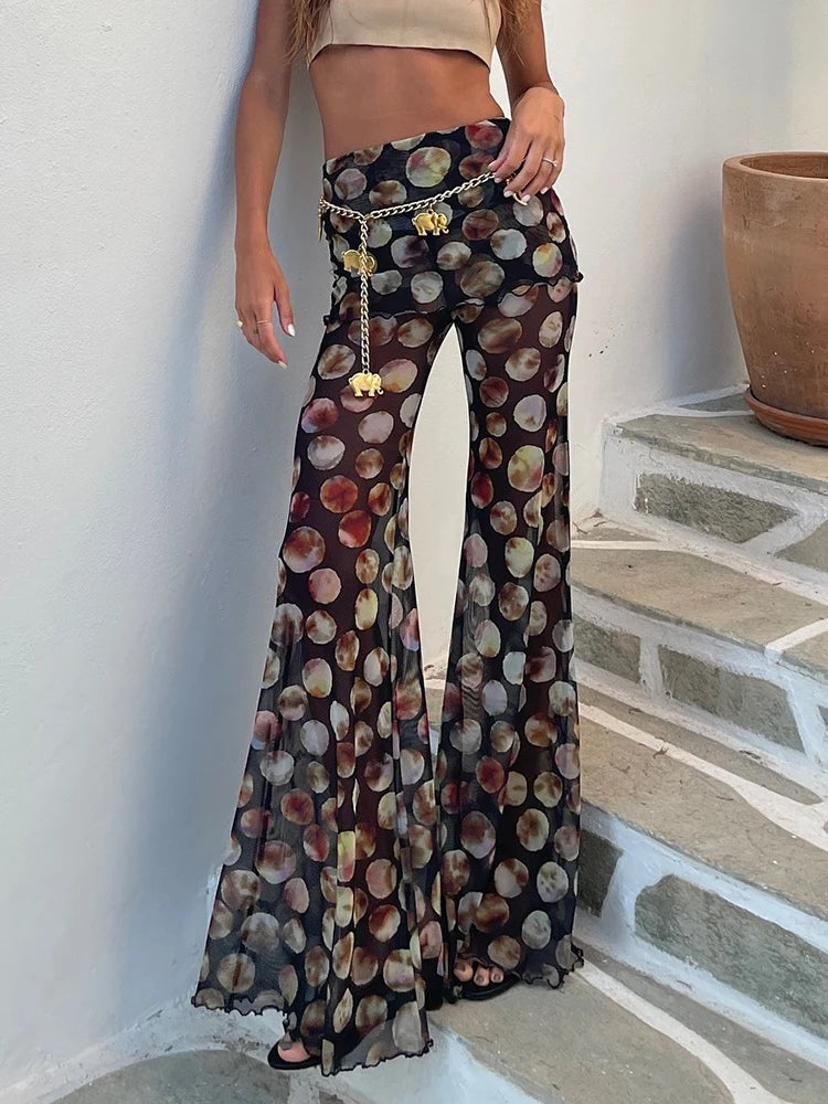 Mesh Leopard Print Trousers High Waist Print Wide Leg Pants Printed