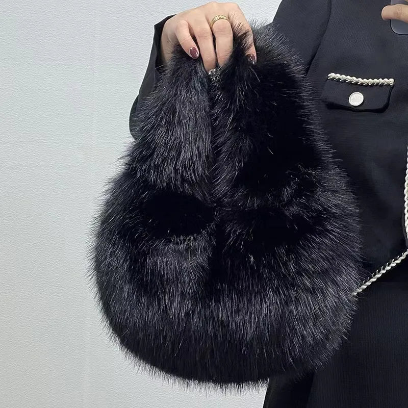 Soft Plush Half Moon Bags for Women Designer Fluffy Faux Fur Lady Handbags Luxury Small Tote