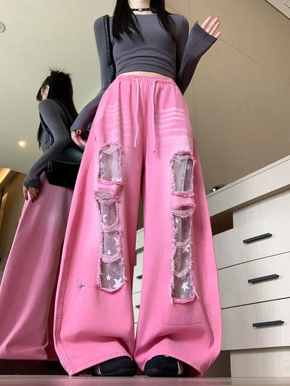 Women's Pink Lace Jeans Cargo Baggy Y2K American Harajuku Streetwear 2000S Style Loose Wide Leg 90s Retro Jeans Pants Clothing