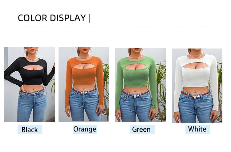 Women's Casual Round Neck Long Sleeve Crop Top Long Sleeve Hollow Fitness Crop Top