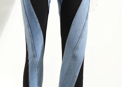 Color Block Women's Jeans Slim Panelled Patchwork High Waist Split Blue Long Denim Pants